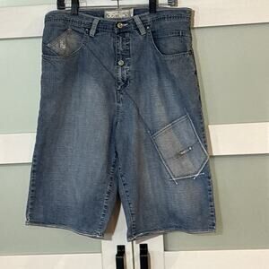 Y2K Vintage Rocawear Baggy Jean Shorts Sz 36 Light Blue Denim Wide Leg Long